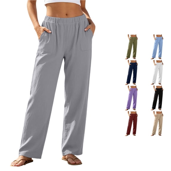 DHFJKG Linen Pants Women Loose Fit Straight Leg Elastic Waist Summer Casual Lightweight Beach Pants With Pockets Comfy Trousers