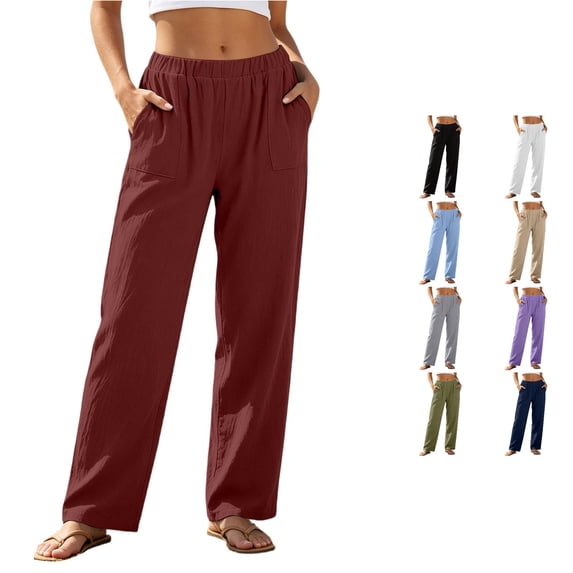 DHFJKG Linen Pants Women Loose Fit Straight Leg Elastic Waist Summer Casual Lightweight Beach Pants With Pockets Stylish Trousers