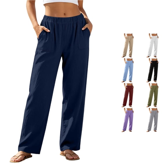 DHFJKG Linen Pants Women Loose Fit Straight Leg Elastic Waist Summer Casual Lightweight Beach Pants With Pockets Trendy Trousers