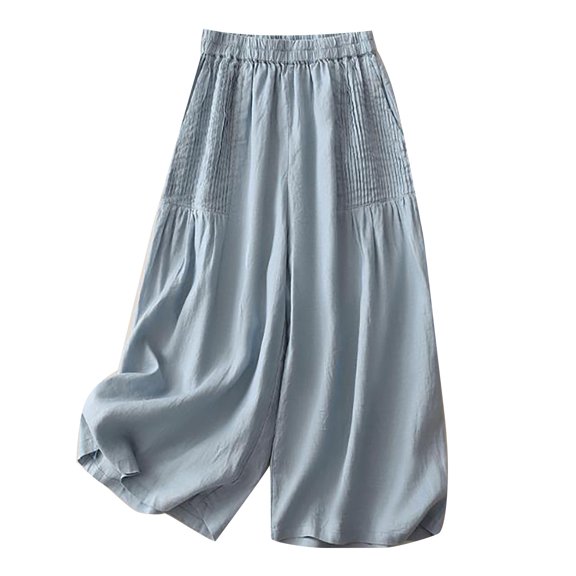 DHFJKG Linen Pants Women Wide Leg High Waisted Summer Lightweight Pleated Elastic Waist Palazzo Beach Clothes Versatile Trousers