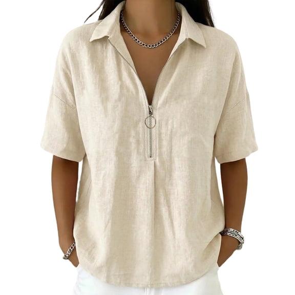DHFJKG Linen Polo Shirts For Women Short Sleeve Quarter Zip Collared Loose Fit Solid Color Basic Tee Comfy Tops