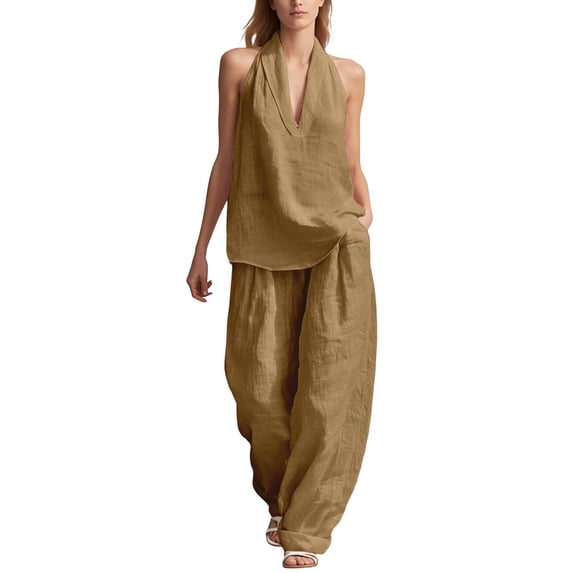 DHFJKG Linen Sets For Women 2 Piece Sleeveless Deep V Neck Tank Top Wide Leg Pants Beach Vacation Outfits
