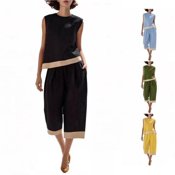 DHFJKG Linen Sets For Women 2 Piece Summer Outfit Sleeveless Color Block Loose Fit Tank Top And Capri Pants Set Beach Vacation Outfits