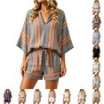 thumbnail image 1 of DHFJKG Linen Sets For Women 2 Piece V Neck Half Sleeve Striped Tees And Shorts Set Summer Outfits Beach Vacation Clothes, 1 of 6