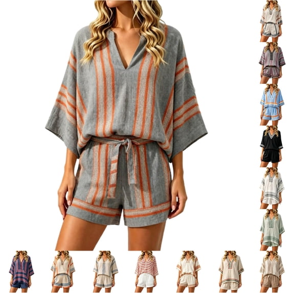 DHFJKG Linen Sets For Women 2 Piece V Neck Half Sleeve Striped Tees And Shorts Set Summer Outfits Beach Vacation Clothes