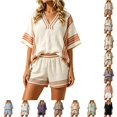 thumbnail image 1 of DHFJKG Linen Sets For Women 2 Piece V Neck Half Sleeve Striped Tees And Shorts Set Summer Outfits Beach Vacation Clothes, 1 of 4