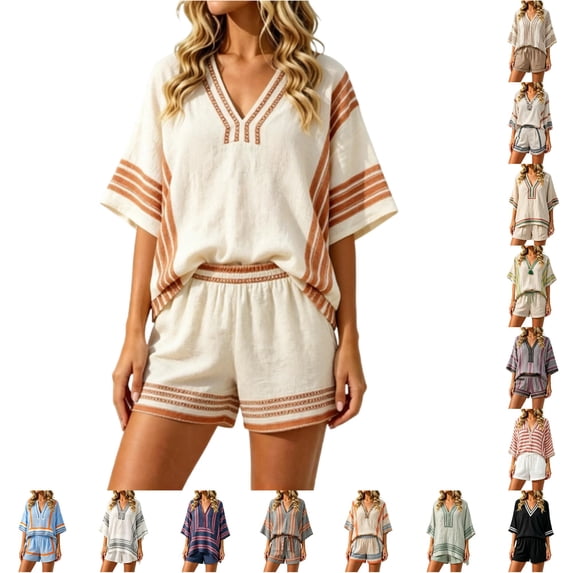 DHFJKG Linen Sets For Women 2 Piece V Neck Half Sleeve Striped Tees And Shorts Set Summer Outfits Beach Vacation Clothes