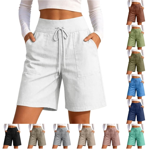 DHFJKG Linen Shorts For Women Lightweight High Waisted Relaxed Fit Wide Leg Casual Drawstring Summer Shorts