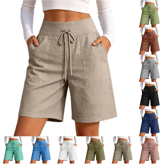 DHFJKG Linen Shorts For Women Lightweight High Waisted Relaxed Fit Wide Leg Casual Drawstring Summer Shorts