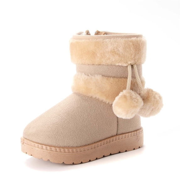 DHFJKG Little Big Kids Girls Snow Boots Fuzzy Lining Insulated Pom-Pom Design Non-Slip Slip-On Ankle Boots Cold Weather Winter Gear Versatile Shoes
