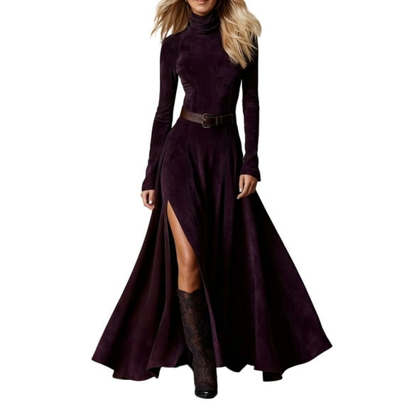 DHFJKG Long Dresses For Women Turtleneck Slim Fit Stretchy Long Sleeve Maxi Dress Solid Color Side Slit Stylish Dresses