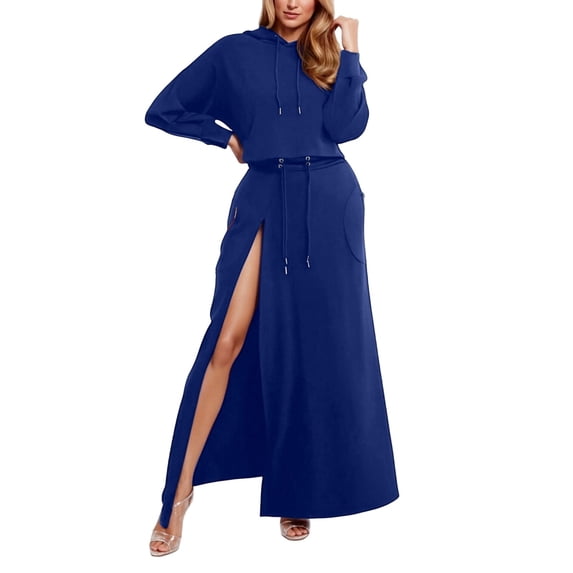 DHFJKG Long Skirt Sets For Women 2 Piece Outfits Long Sleeve Hooded Sweatshirts Side Slit Maxi Skirts With Pockets Spring Versatile Outfit