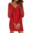 thumbnail image 1 of DHFJKG Long Sleeve Dresses For Women V Neck Lace Patchwork Solid Color Casual Mini Dress Trendy Dresses, 1 of 4