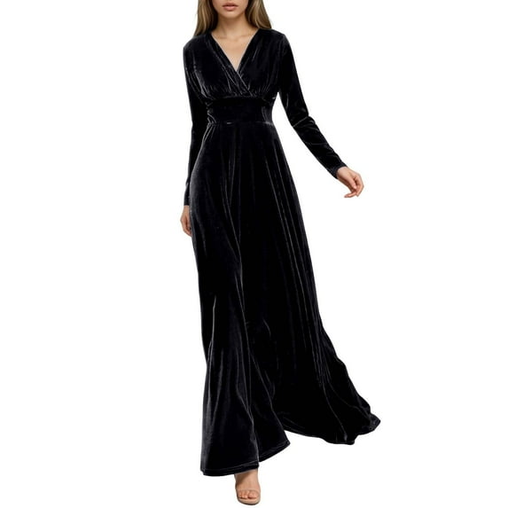 DHFJKG Long Sleeve Dresses For Women Wedding Guest Dress Velvet Maxi Evening Gown V Neck Solid Color Flowy A Line Trendy Dresses