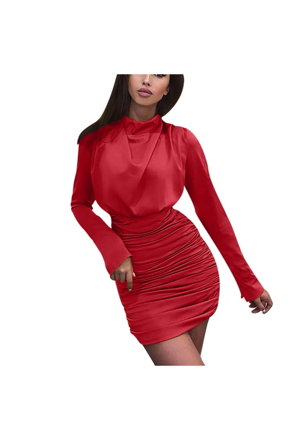 Long Sleeve Dresses For Women Wedding Guest Dress Solid Color Slim Fit Ruched Waist Mini Dress Bodycon Spring Fall Fashion Clothes Stylish Dresses