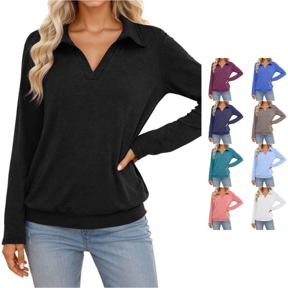 DHFJKG Long Sleeve Polo Shirts For Women Turndown Collar Solid Color Casual Loose Fit Soft Basic Top Casual Daily Wear