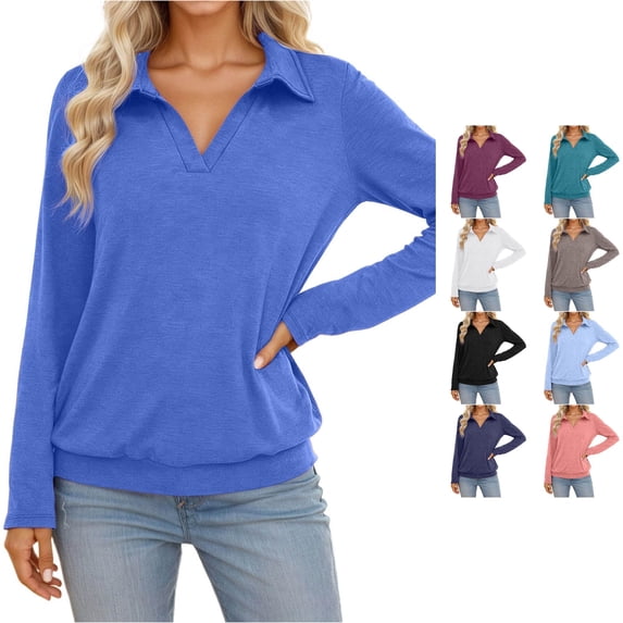 DHFJKG Long Sleeve Polo Shirts For Women Turndown Collar Solid Color Casual Loose Fit Soft Basic Top Casual Daily Wear