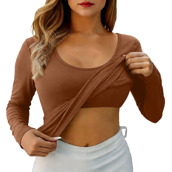 DHFJKG Long Sleeve Shirts For Women Basic Tee With Built In Bra Scoop Neck Slim Fit Lightweight Casual Base Layer T Shirt Solid Color Stylish Tops