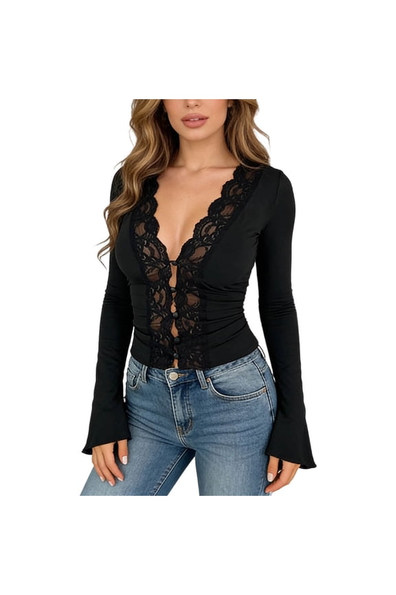Long Sleeve Shirts For Women Fitted Sexy Lace Trim Deep V Neck T Shirt Low Cut Going Out Nightclub Wear Soft Tops