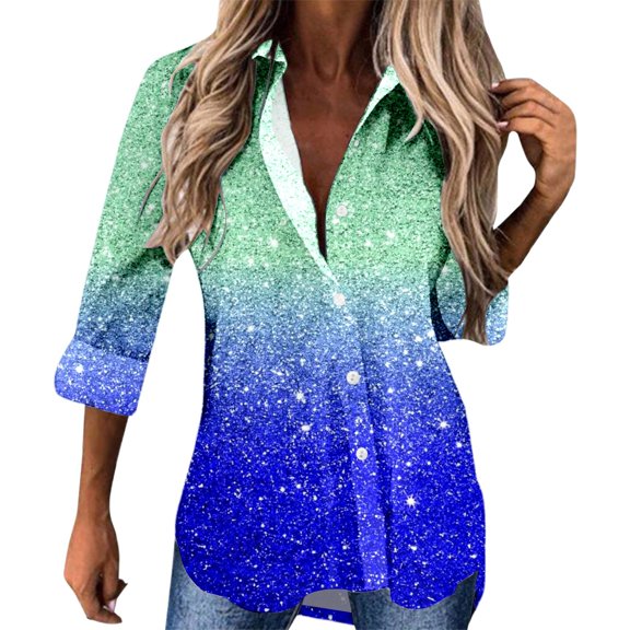 DHFJKG Long Sleeve Shirts For Women Gradient Printed Long Sleeve Button Down Collared Shirt Jackets Festival Carnival Versatile Blouses