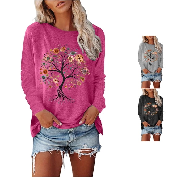 DHFJKG Long Sleeve Shirts For Women Graphic Tees Floral Tree Printed Crew Neck Loose Fit Casual T Shirt Spring Fall Soft Tops