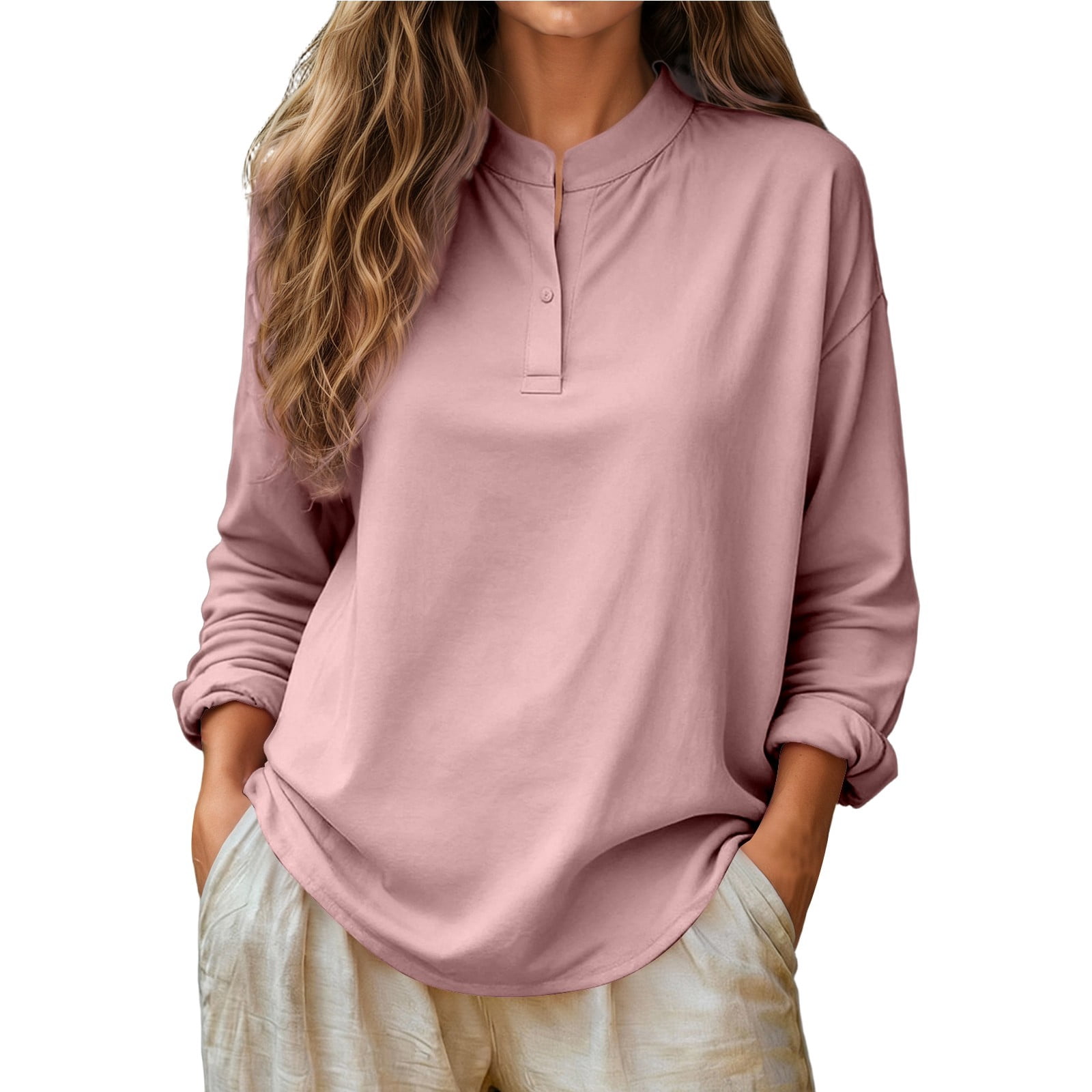 DHFJKG Long Sleeve Shirts For Women Henley Casual Loose Fit Solid Color ...