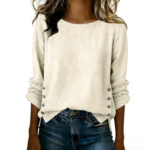 DHFJKG Long Sleeve Shirts For Women Loose Fit Solid Color Crew Neck Summer Tunic Top Soft Breathable Linen Basic Tee Trendy Tops
