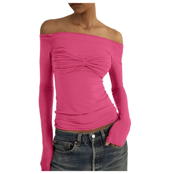 DHFJKG Long Sleeve Shirts For Women Off Shoulder Mesh Sheer Tees Sexy Slim Fit Stretchy See Through Going Out Comfy Tops