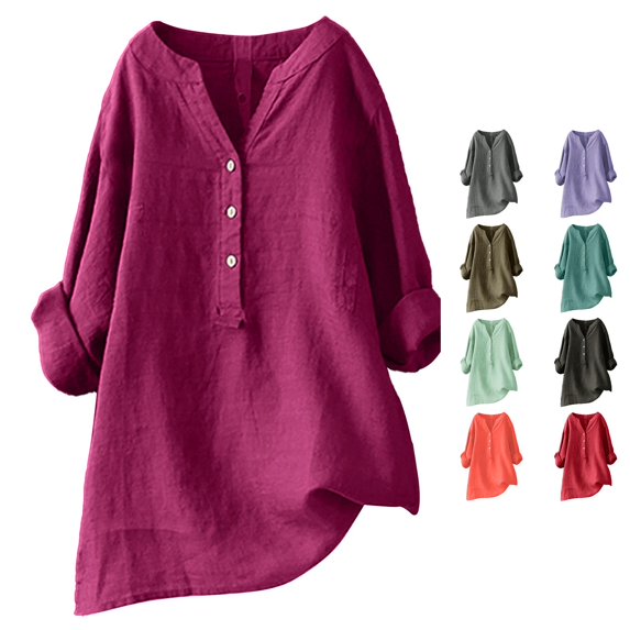 DHFJKG Long Sleeve Shirts For Women Oversized V Neck Button Front Blouse Basic Tops, Sizes S-XXXXL