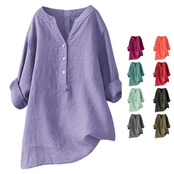 DHFJKG Long Sleeve Shirts For Women Oversized V Neck Button Front Blouse Basic Tops, Sizes S-XXXXL