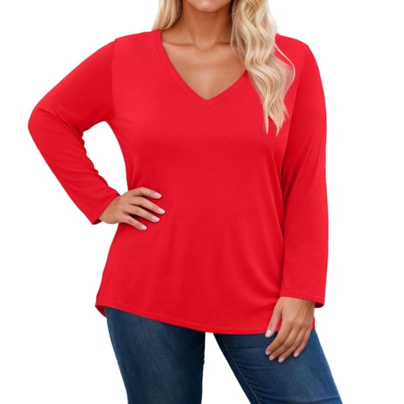 DHFJKG Long Sleeve Shirts For Women Plus Size V Neck Loose Fit Solid Color T Shirt Blouse Casual Basic Tees Lightweight Versatile Tops