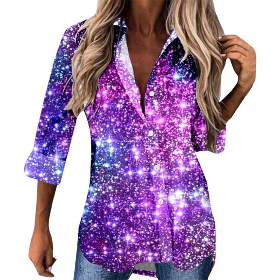 DHFJKG Long Sleeve Shirts For Women Printed Long Sleeve Button Up Turndown Collar Shirt Jackets Festival Carnival Stylish Blouses