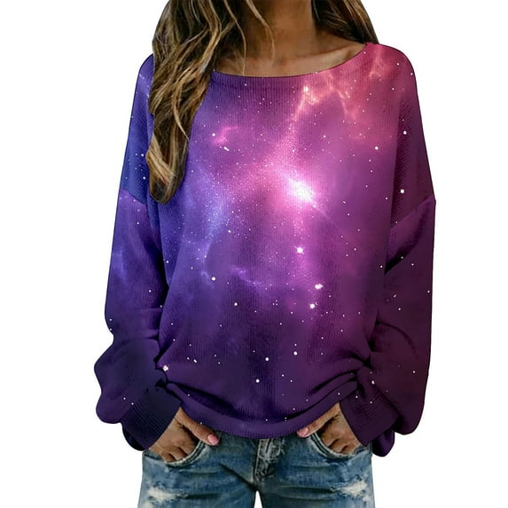 DHFJKG Long Sleeve Shirts For Women Ribbed Knit Pullover Galaxy Printed Casual Comfortable Crewneck Loose Fit Tunic Carnival Soft Home Clothes