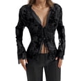 thumbnail image 1 of DHFJKG Long Sleeve Shirts For Women Ruffled Flare Sleeve Slim Fit Deep V Neck Lace Up Floral Chiffon Blouse Cozy Tops, 1 of 4