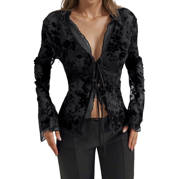 DHFJKG Long Sleeve Shirts For Women Ruffled Flare Sleeve Slim Fit Deep V Neck Lace Up Floral Chiffon Blouse Cozy Tops