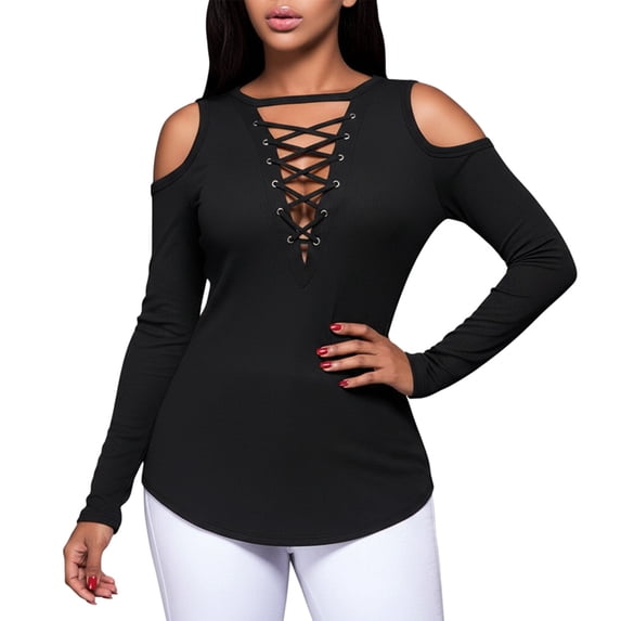 DHFJKG Long Sleeve Shirts For Women Sexy Hallow Out Off The Shoulder Soft Stretch Slim Fit Lace Up Going Out T Shirts Nightclub Wear Stylish Tops