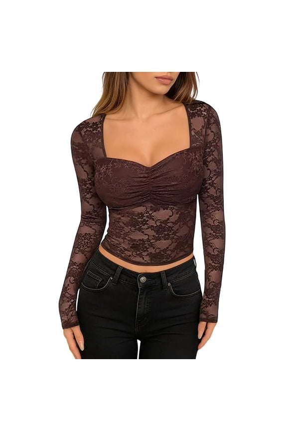 Long Sleeve Shirts For Women Sexy Mesh Sheer Sweetheart Neck Crop Top Lace Trim Fitted Casual Tee Shirt Night Out Club Party Wear Stylish Tops