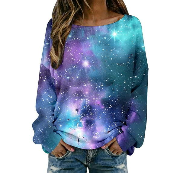 DHFJKG Long Sleeve Shirts For Women Sweaters Galaxy Printed Knit Pullover Ribbed Casual Loose Fit Crewneck Soft Blouse Stylish Tops