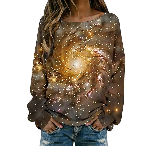 DHFJKG Long Sleeve Shirts For Women Sweaters Galaxy Printed Knit Pullover Ribbed Casual Loose Fit Crewneck Soft Blouse Versatile Tops