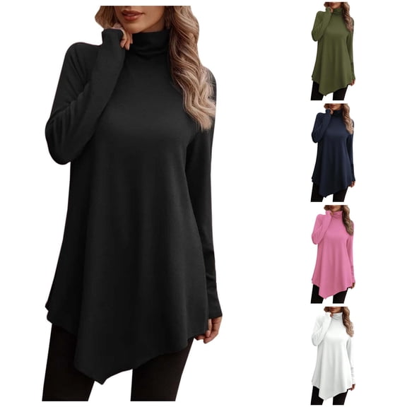 DHFJKG Long Sleeve Shirts For Women Turtleneck Solid Color Base Layer T Shirt Relaxed Fit Irregular Hem Spring Fall Trendy Tops