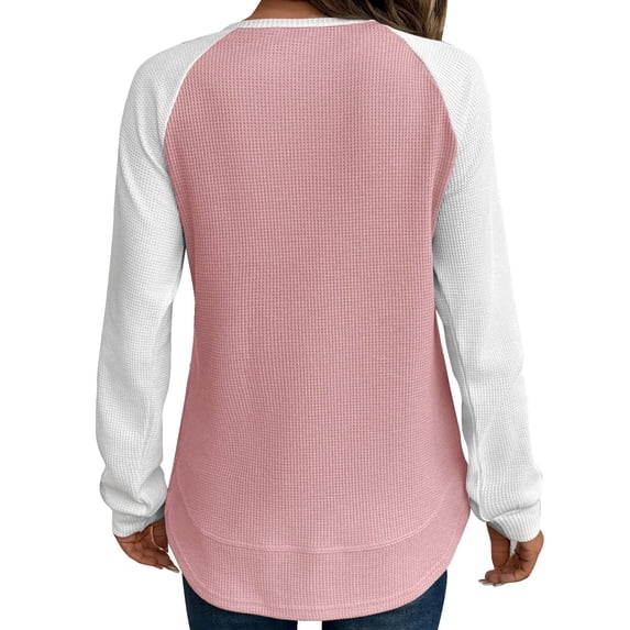 DHFJKG Long Sleeve Shirts For Women Waffle Crewneck Raglan Color Block Loose Fit Tunic Pullover Casual Daily Wear Cozy Tops