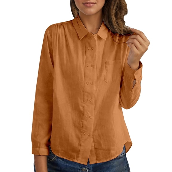 DHFJKG Long Sleeve Shirts Women Button Down Blouse Breathable Dress Shirts Solid Color Basic Top With Pocket Business Work Wear Stylish Tops
