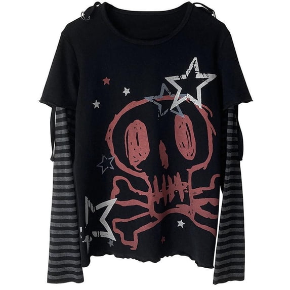 DHFJKG Long Sleeve T Shirts For Women Gothic Punk 2 In 1 Design Oversized Skull Printed Graphic Tees Fall Trendy Streetwear Tops