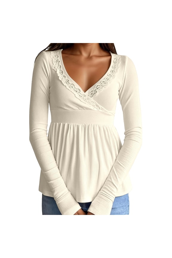 Long Sleeve T Shirts For Women Lace Trim V Neck Solid Color Base Layer Flared Hem Slim Fit Casual Basic Tee Spring Fall Comfortable Tops