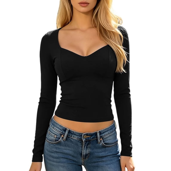 DHFJKG Long Sleeve T Shirts For Women V Neck Low Cut Crop Tops Fall Slim Fit Basic Tees