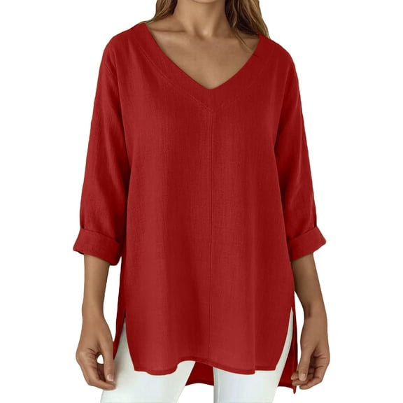 DHFJKG Long Sleeve T Shirts Women V Neck Solid Color Oversized Fashion Basic Top Side Slit Baggy Streetwear Breathable Linen Comfortable Tops