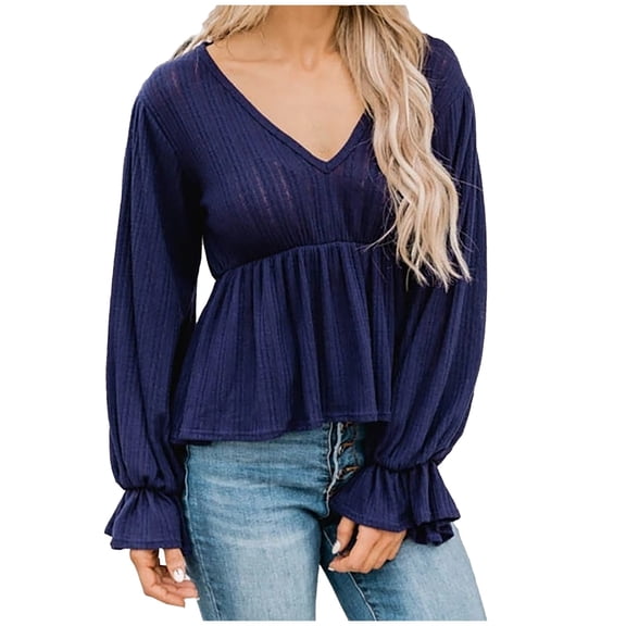DHFJKG Long Sleeve T Shirts Women's Solid Color Textured Ribbed Slim Fit Top V Neck Flared Hem Stretch Shirt Trendy Tops