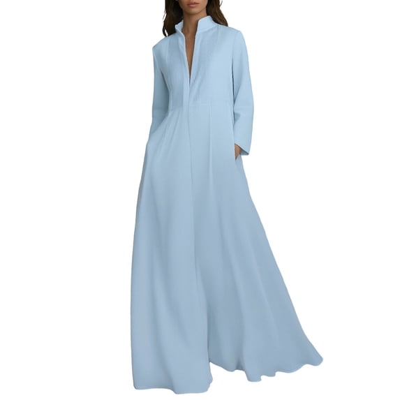 DHFJKG Maxi Dresses For Women Long Sleeve Stand Collar Pleated Casual Solid Color Flowy A-Line Dress With Pockets Stylish Dresses
