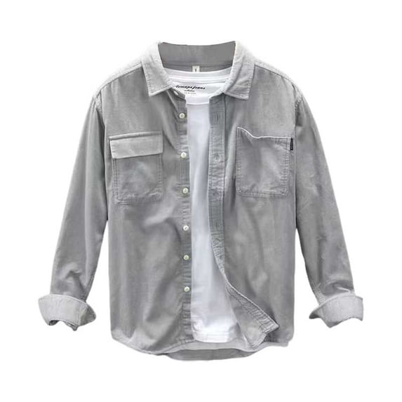 DHFJKG Men Casual Shirts Solid Color Long Sleeve Turndown Collar Button Down Cargo Jacket With Pockets Soft Warm Autumn Coats Leisure Stylish Tops
