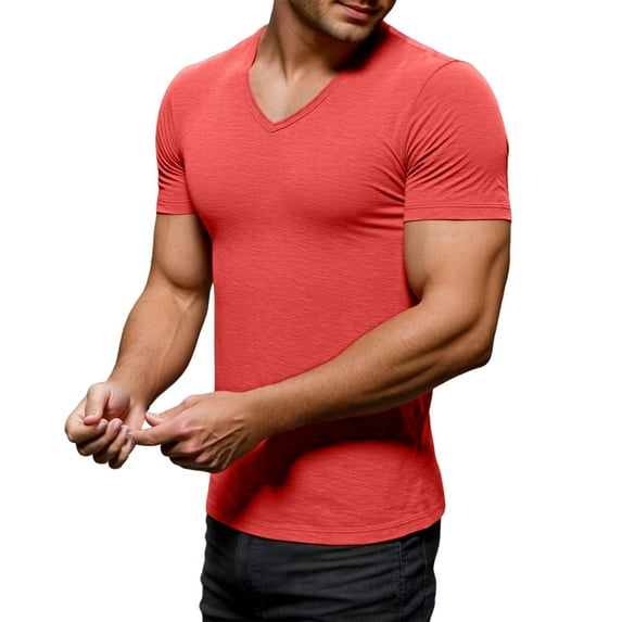DHFJKG Men'S T-Shirt Solid Color V-Neck Breathable Slim Fit Comfortable Short Sleeve Casual Fashion Tshirt Outdoor Hiking Relaxed Fit Versatile Tees